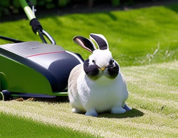 Cute Bunny Mowing Lawn in Garden