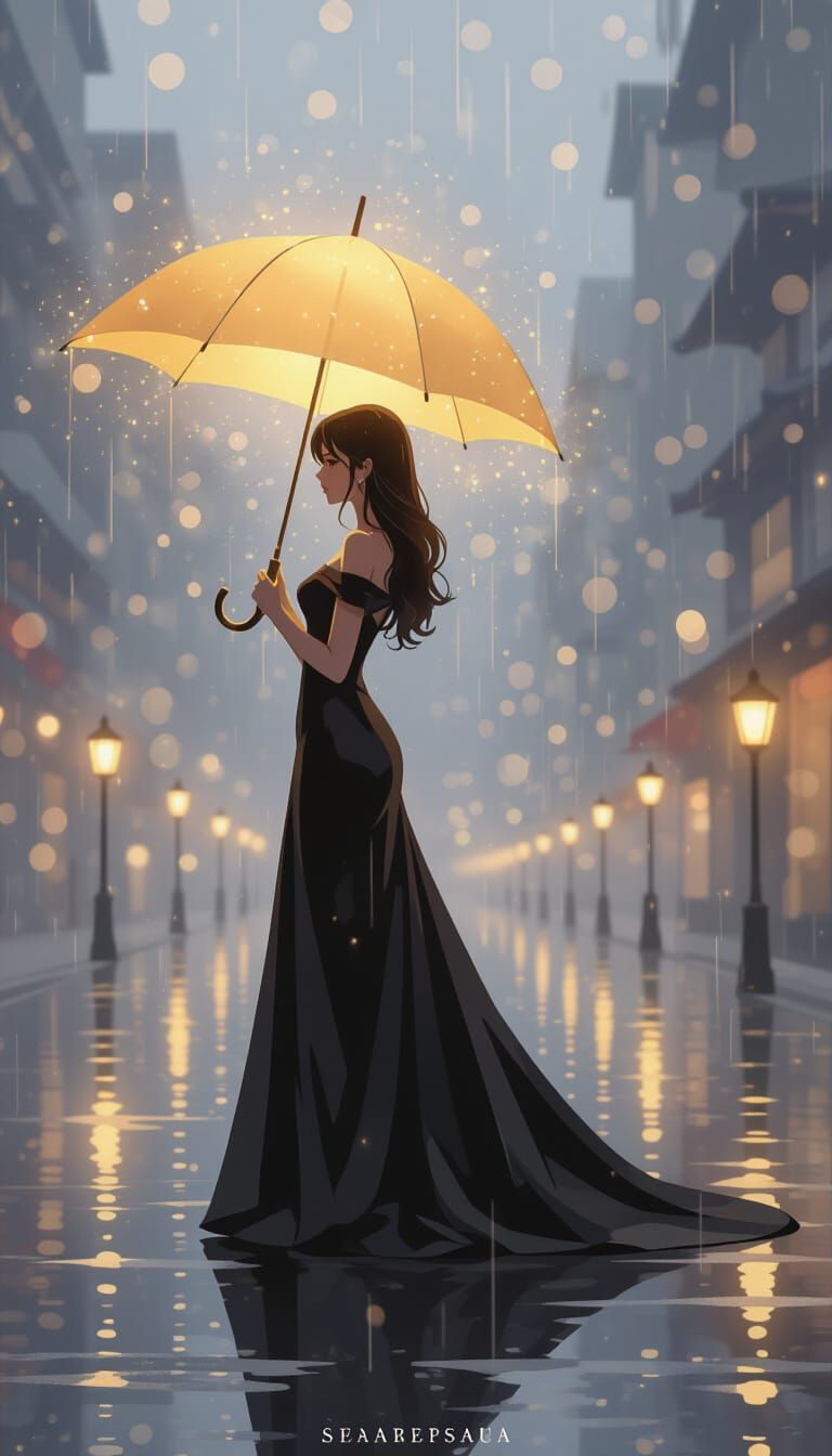 Woman in Golden Umbrella in Magical Rainy Night