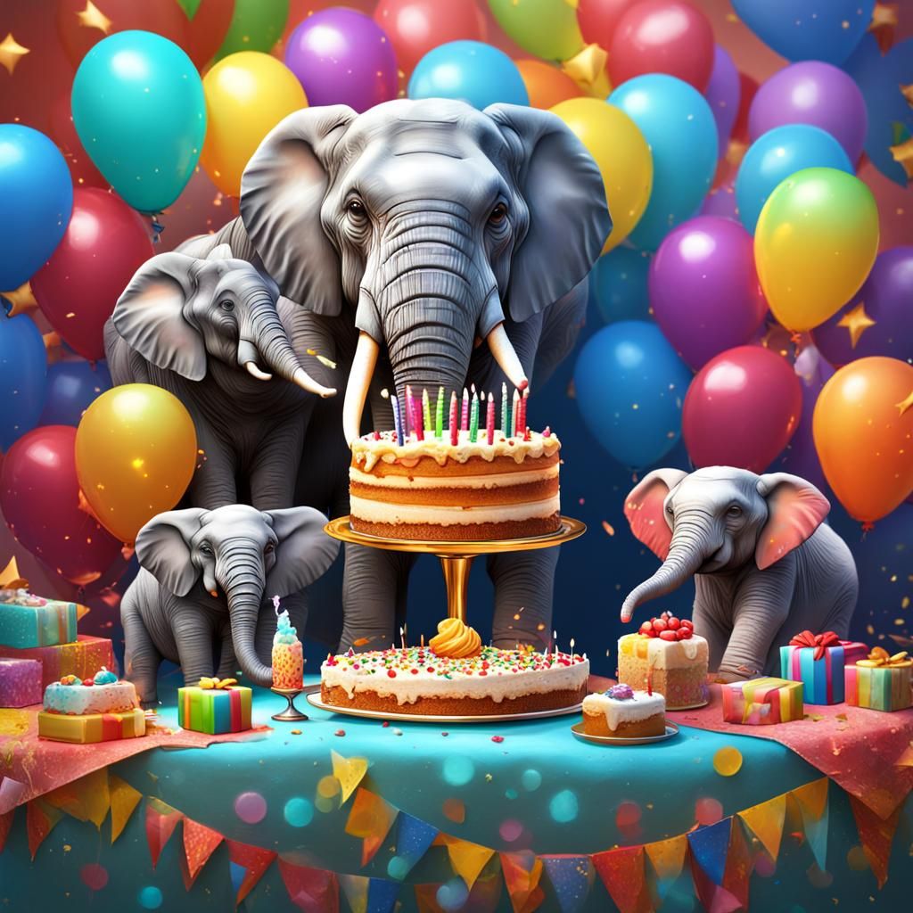 Elephant Family Celebrates Birthday in Hyperrealistic Style