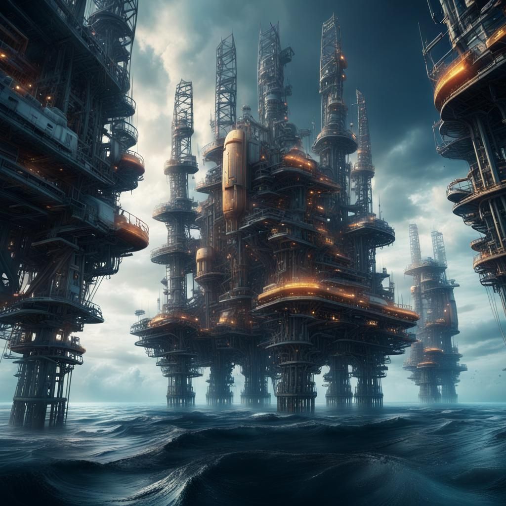 Futuristic Oil Rigs on Alien Ocean, Digital Painting