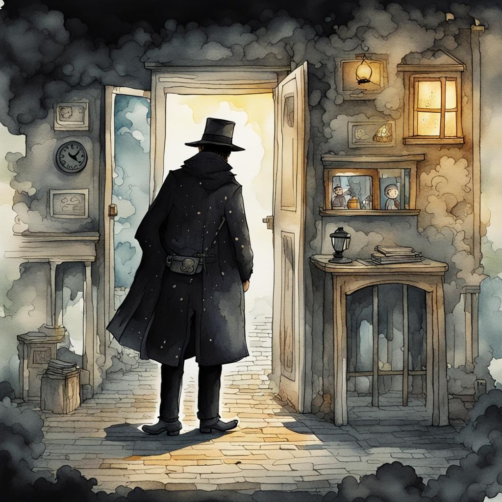 Mysterious Shadow Man in Naive Watercolor Art