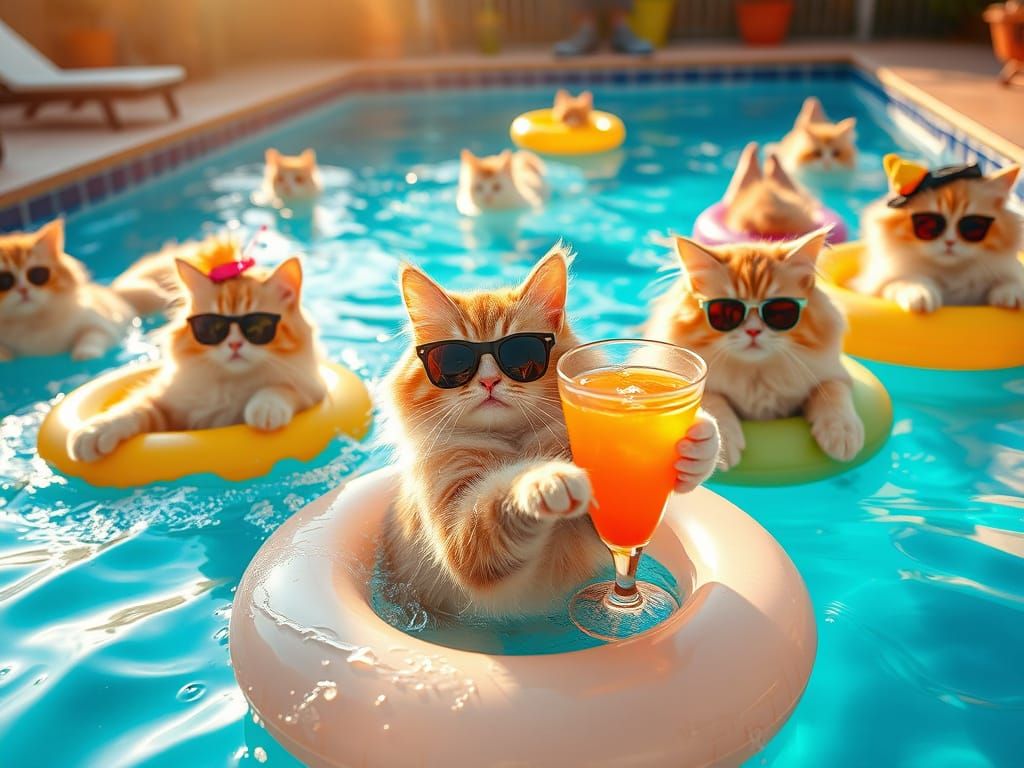 Fluffy Cats Enjoying a Sunlit Pool Party
