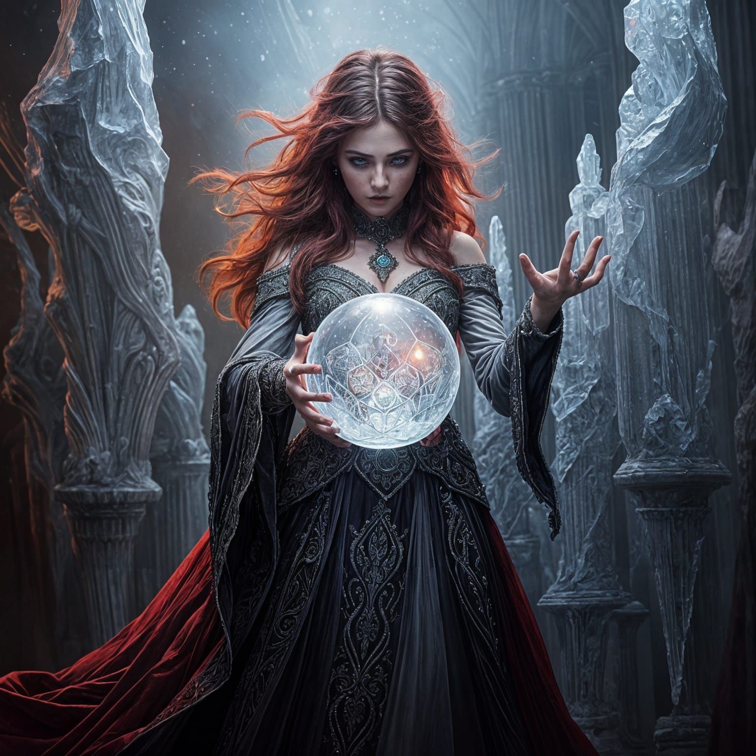 Sorceress Creating Crystal Sphere in Ice Palace