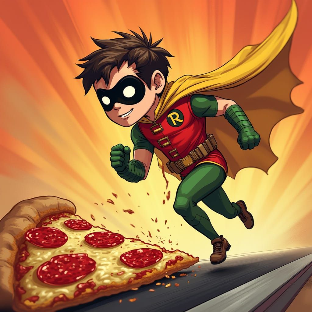 Superhero Robin Fleeing from a Hungry Pizza in a Retro-Futur...