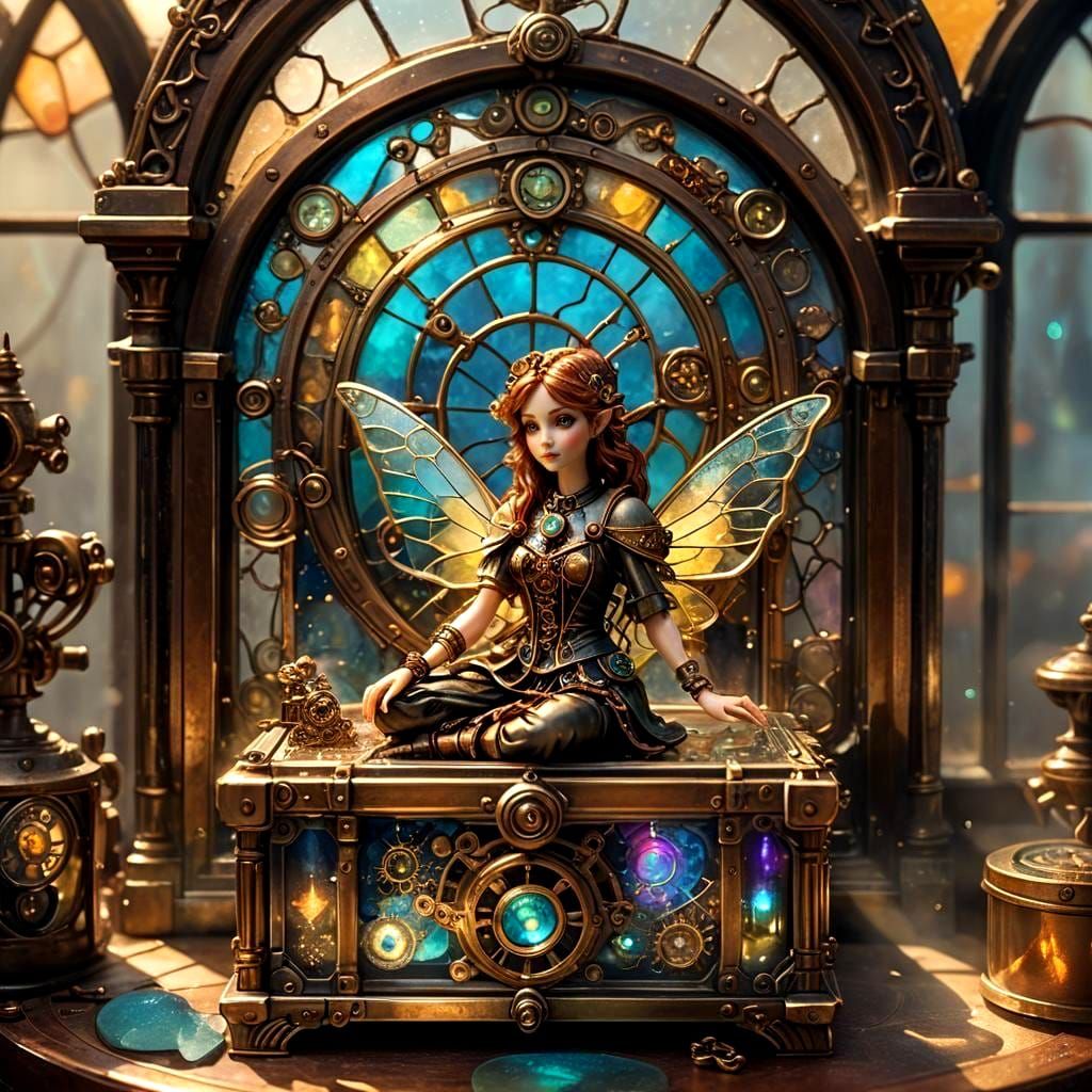 Fairy in Jewelry Box with Steampunk Engine
