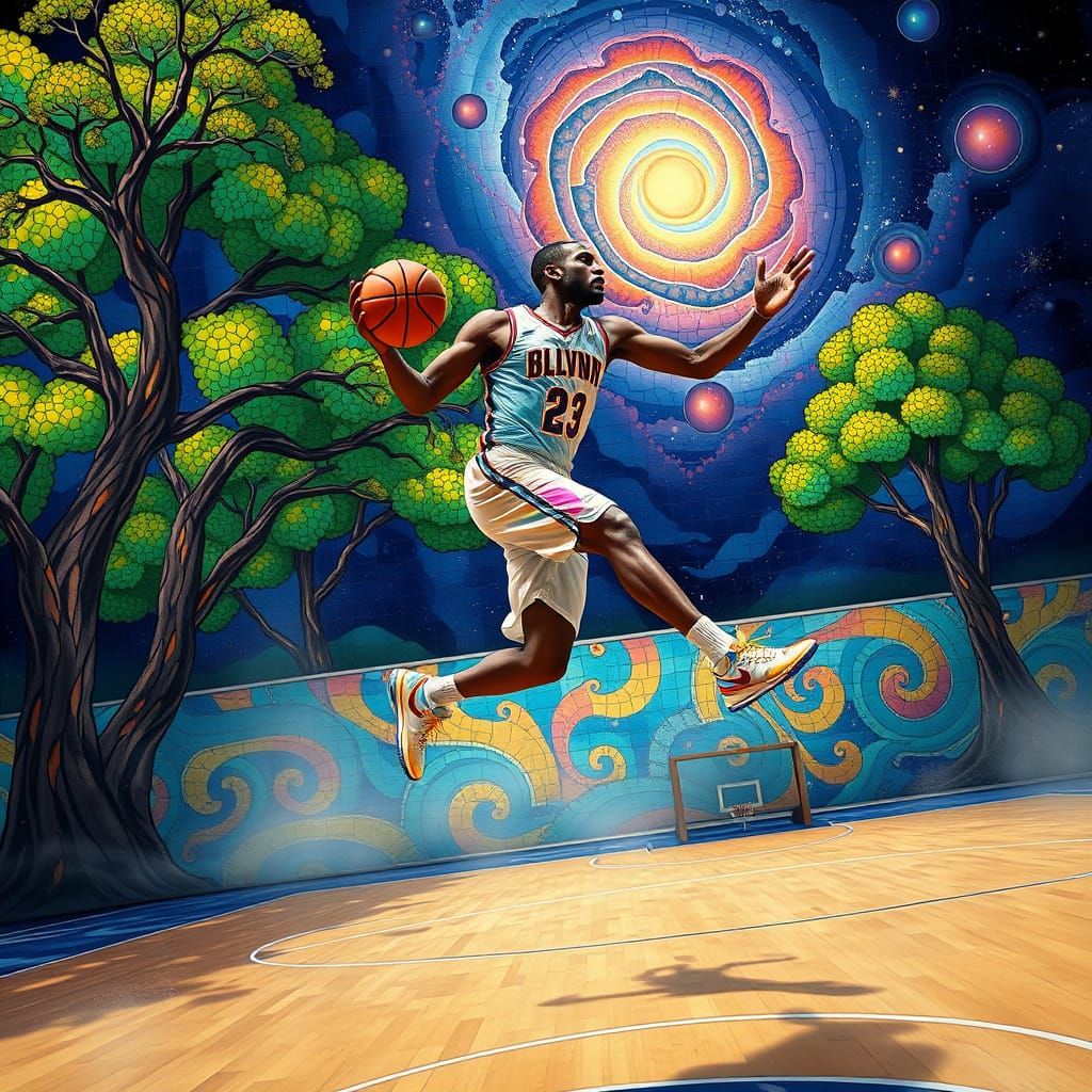 Psychedelic Basketball Player in Surreal Stained Glass Dream...