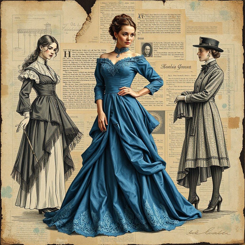 Elegant Victorian Woman in Blue Dress with Steampunk Accents