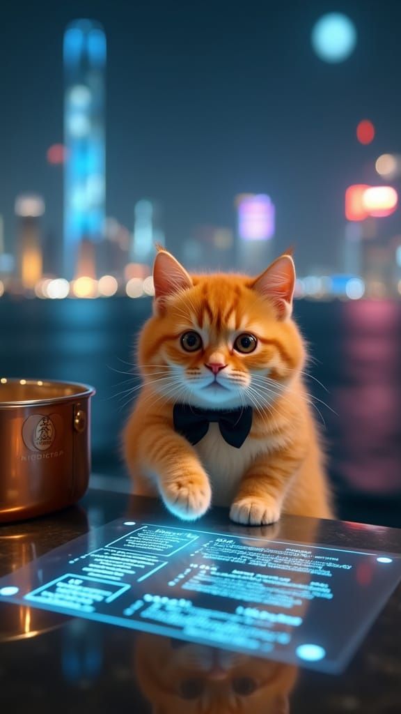Cyberpunk Feline Connoisseur Savoring High-Tech Cuisine