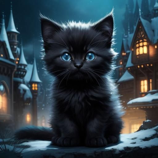 Enchanted Kitten on Bioluminescent Castle Grounds