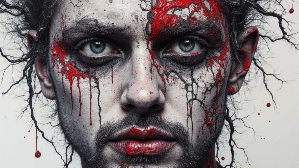 Abstract Portrait with Inkblot Map in Impasto Style