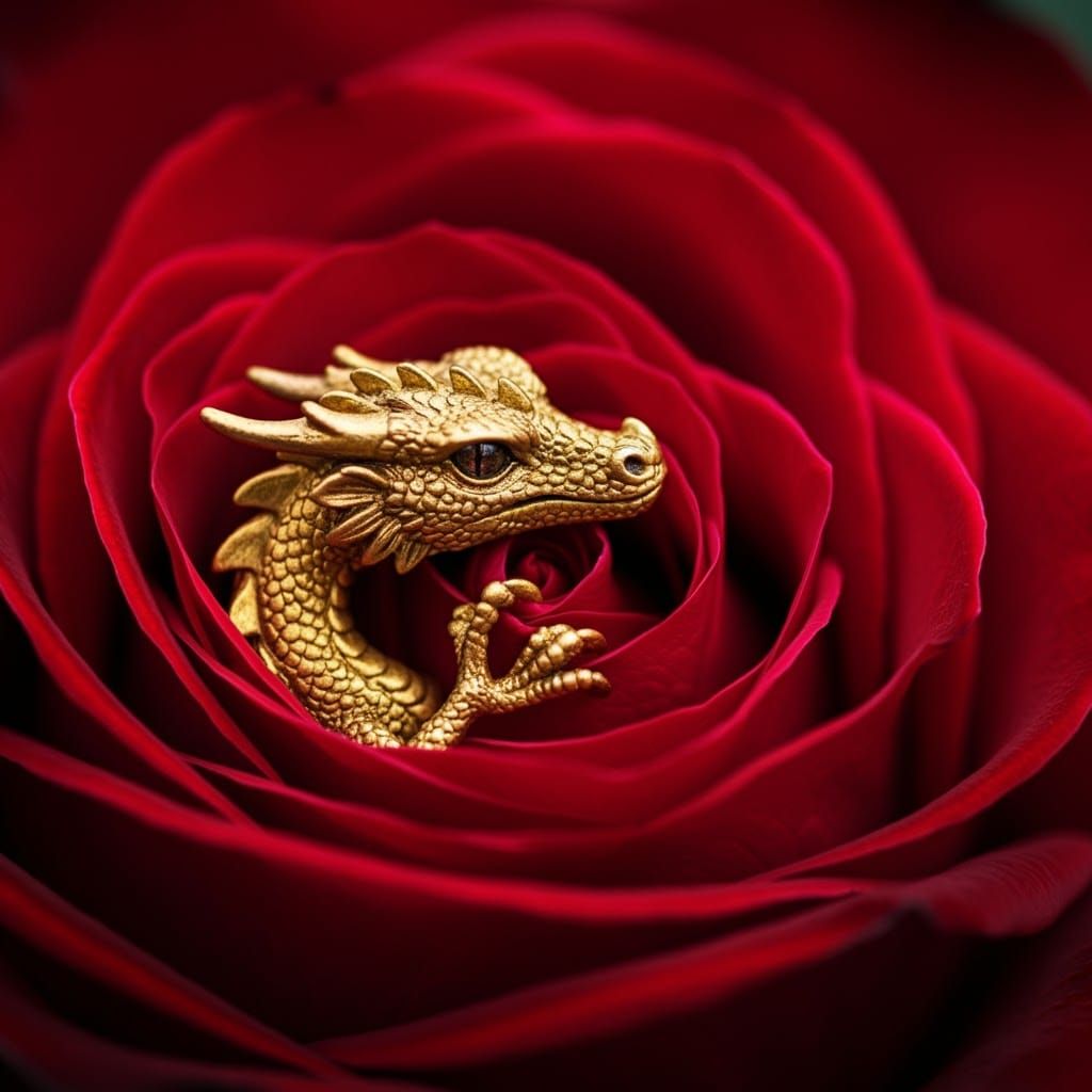Golden Dragon Curled in Red Rose, Macro Photography