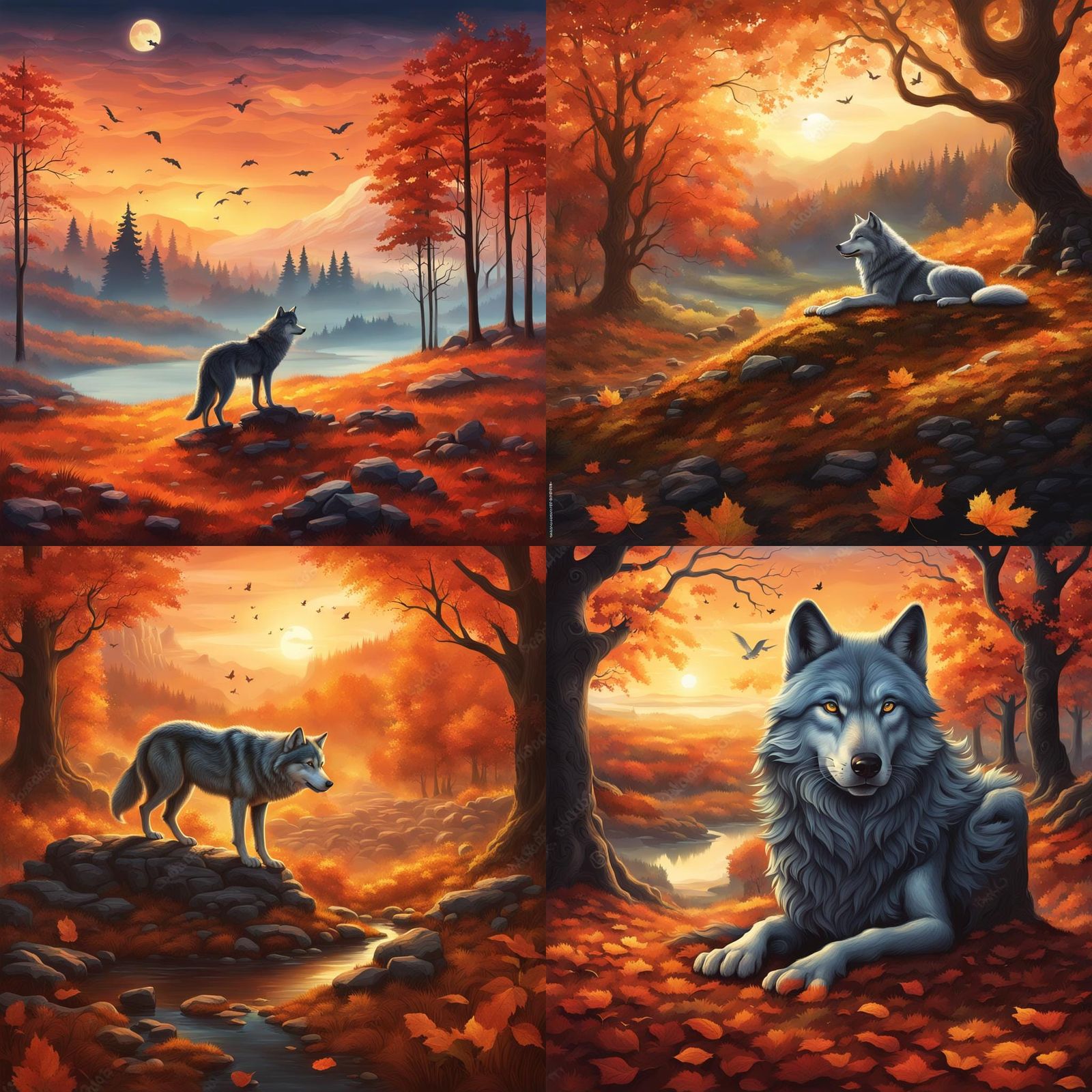 Surreal Autumn Dawn with a Laying Wolf in a Fantastical Land...
