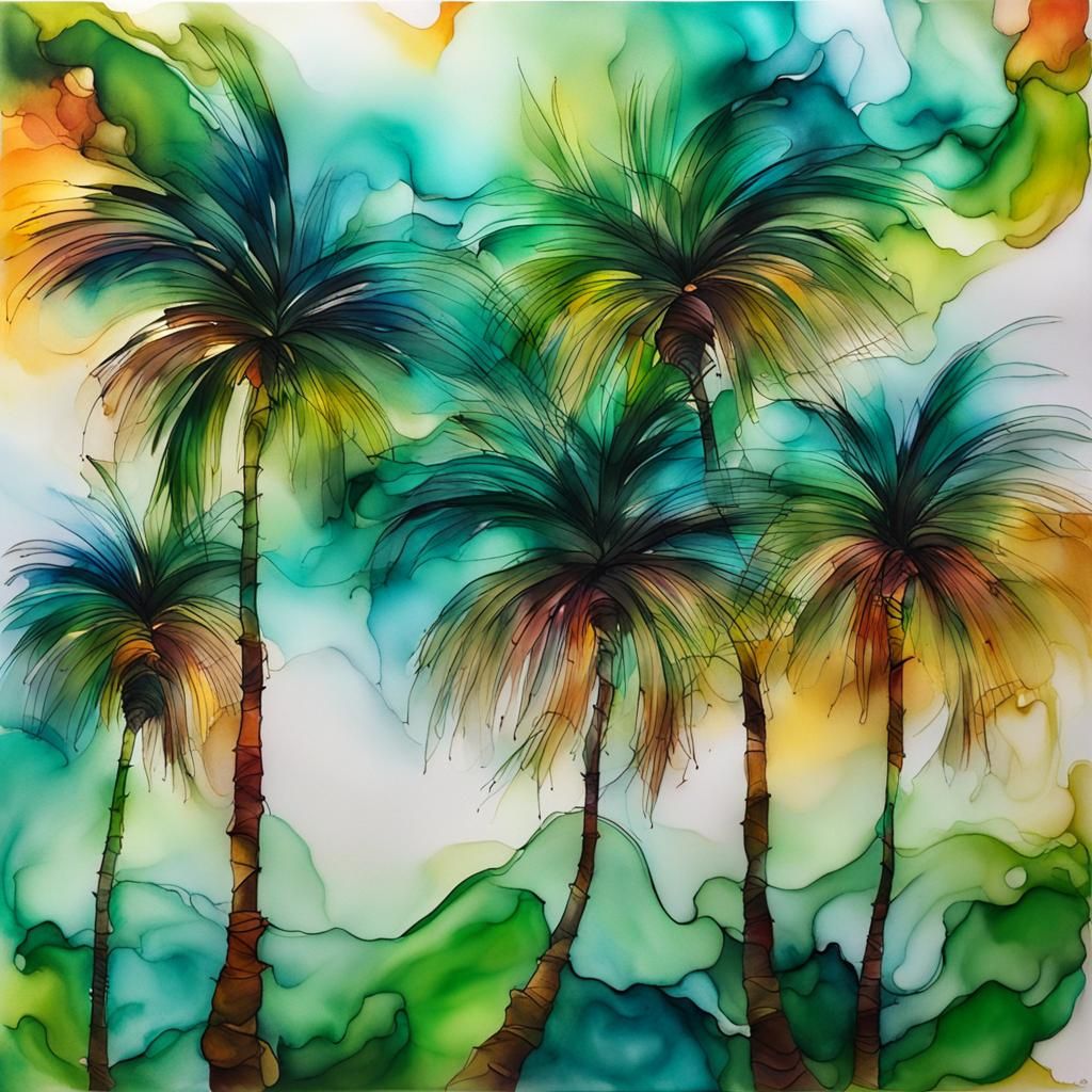 Palm Trees in the Wind: Alcohol Ink Art
