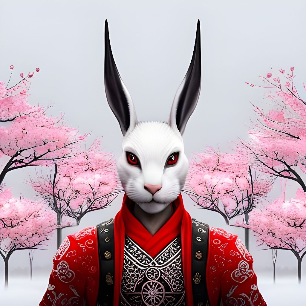 Samurai Rabbit Under Red Moon with Sakura Trees