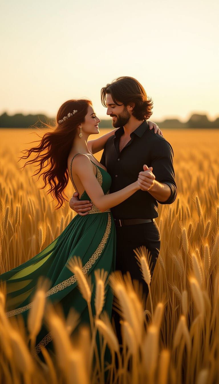 Couple Dancing in Golden Wheat Field, Cinematic Style