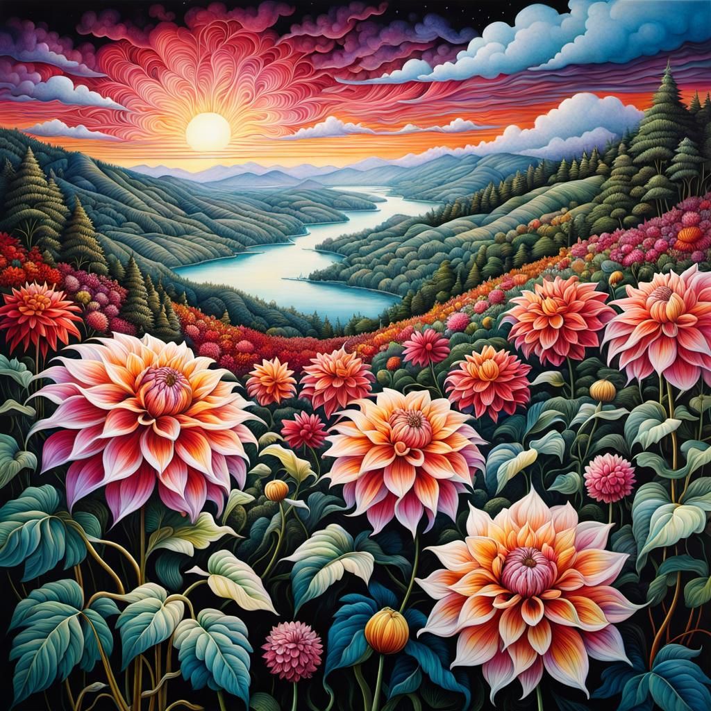Giant Dahlias on Hillside in Psychedelic Dark Fantasy Style