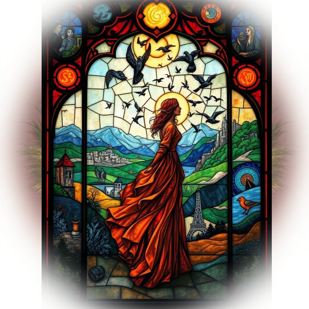 Dreamlike Stained Glass Window with Whimsical Landscapes