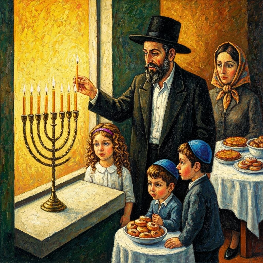 Orthodox Family Lighting Chanukah Candles in Vibrant Oil Pai...