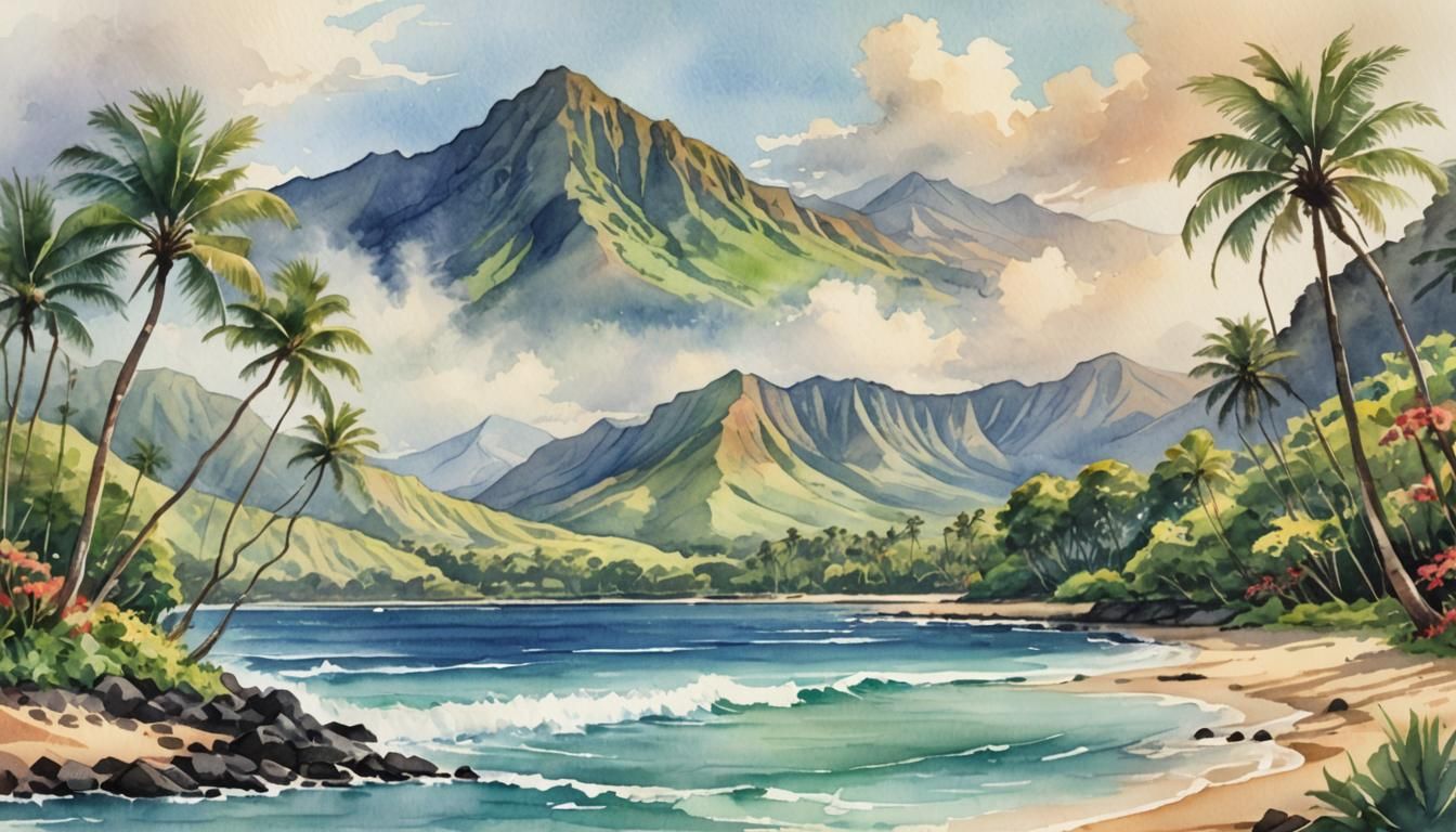 Watercolor Landscape of Maluaka Beach, Hawaii