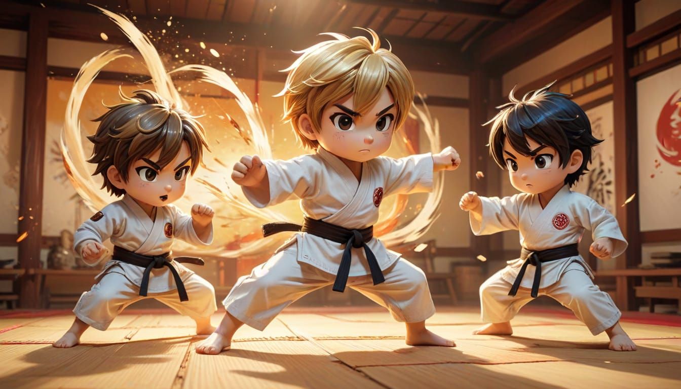 chibi karate kids battling atop a wuxia dojo