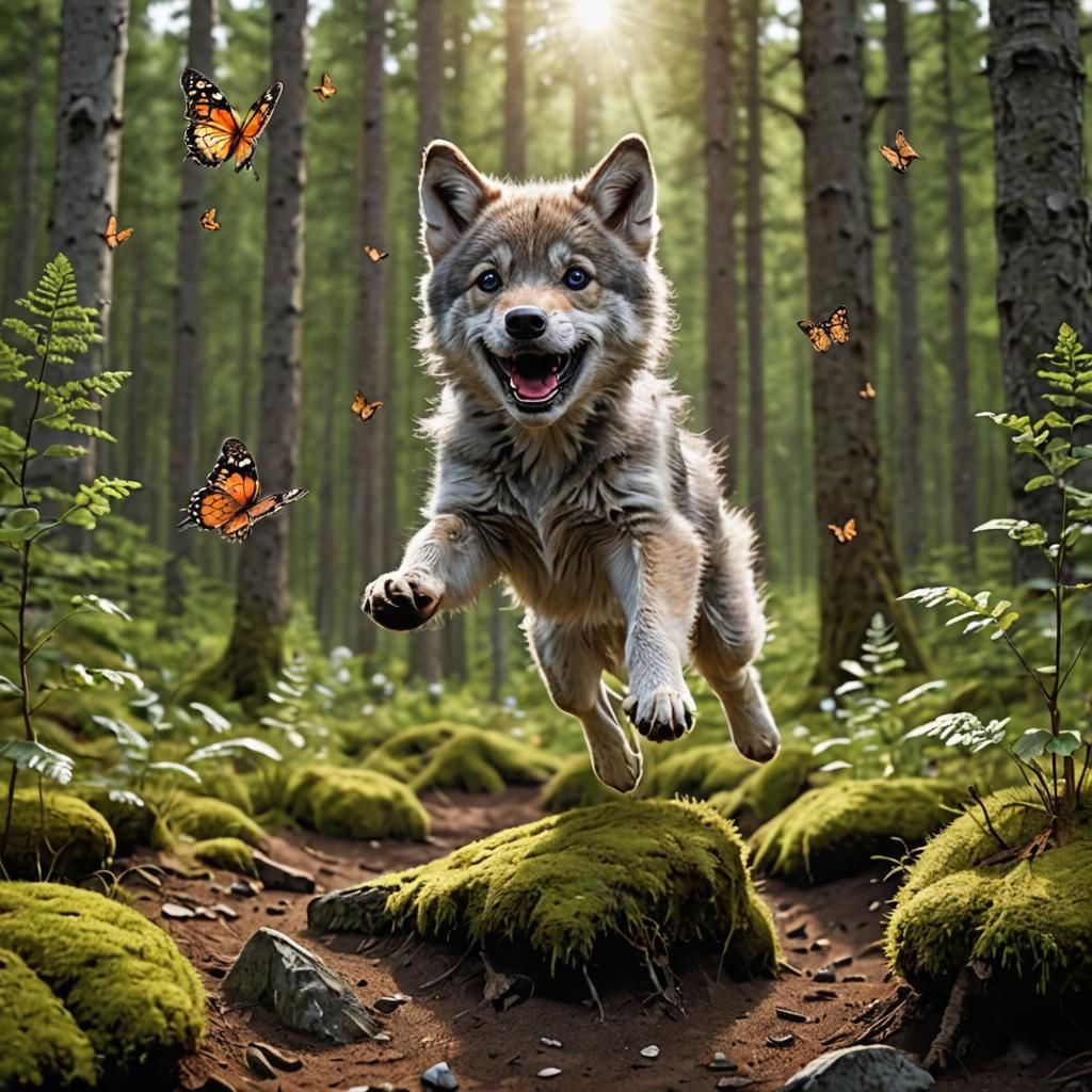 Cute Baby Wolf Plays in Scandinavian Forest