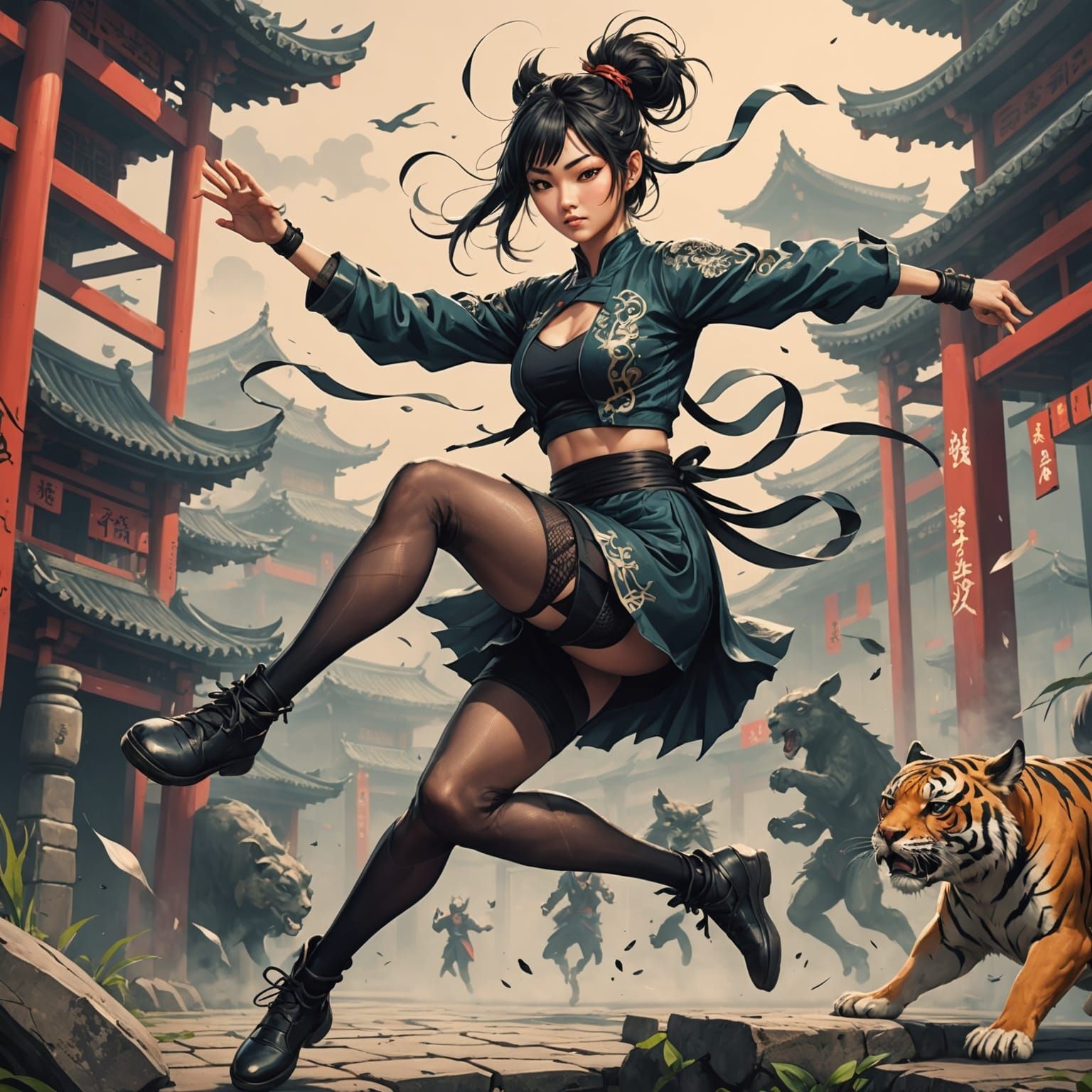 Jumping Kung Fu Dancer in Ripped Costume