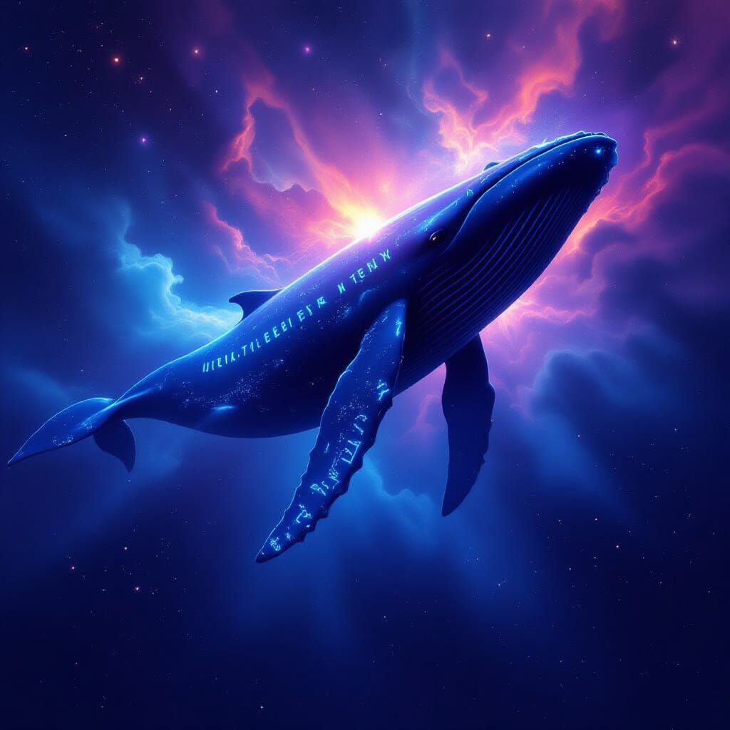 Cosmic Whale Breaching Nebula in Scientific Surrealism Style