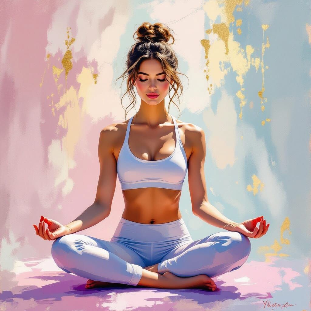 Impressionistic Yoga Painting in Pink, Blue and Gold