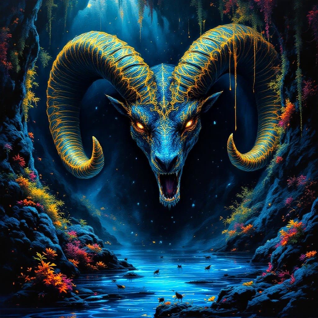 Ominous Ram-Horned Serpent in Bioluminescent Cave as Ink Pai...
