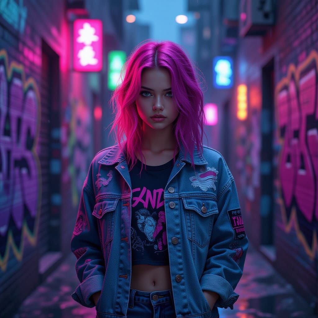 Defiant Pink-Haired Girl in Neon Alleyway