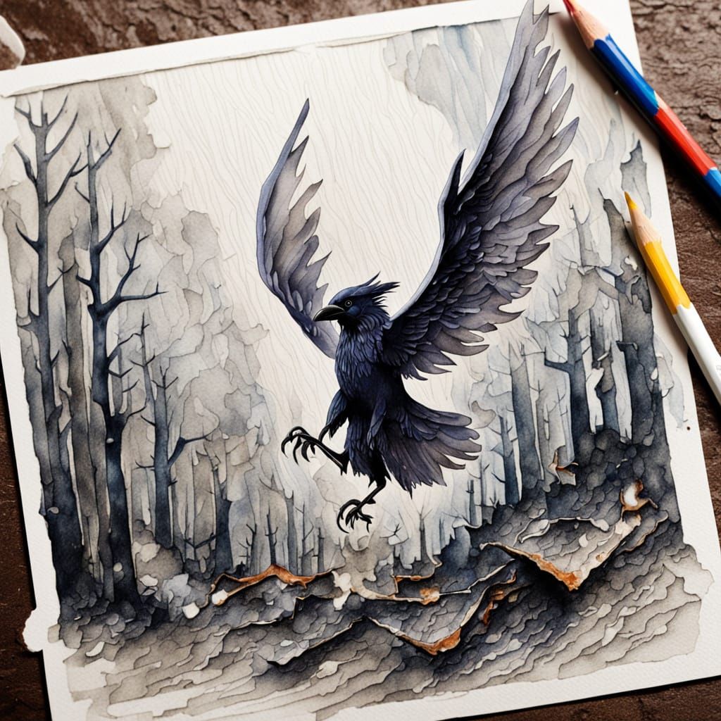 Ravens Flying from Forest: Watercolour Painting