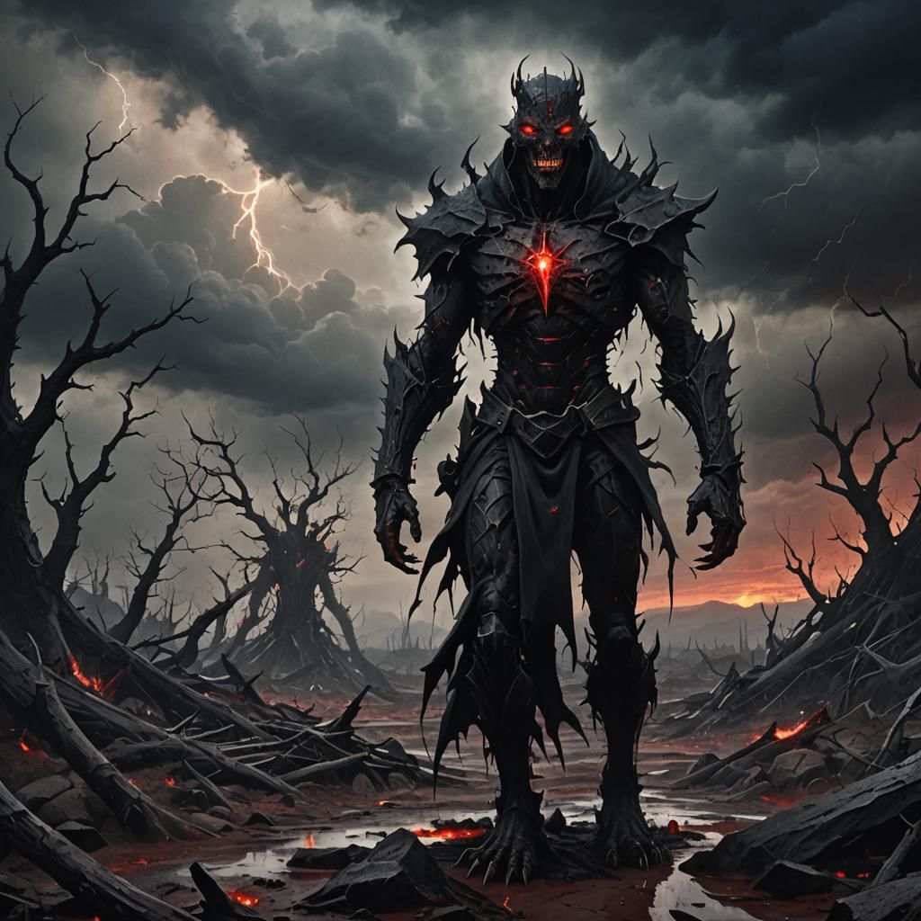 Sinister Dark Fantasy Figure in Stormy Landscape