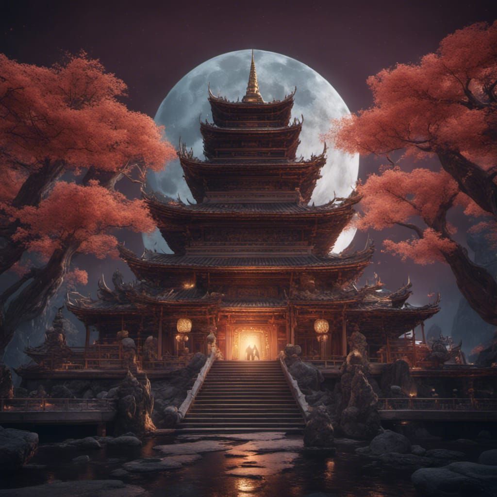 Moonlit Buddhist Temple Fantasy Concept Art