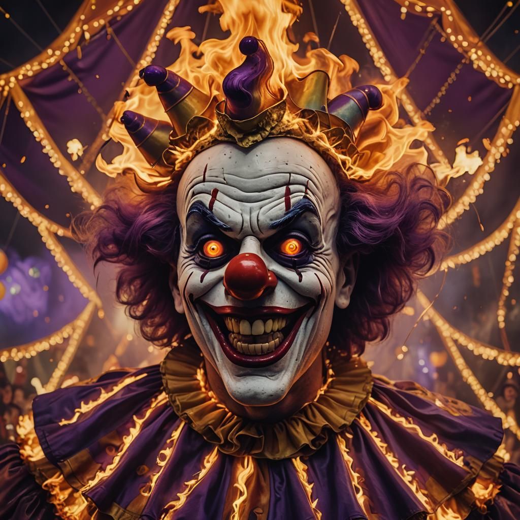 Clown with Crazy Eyes in Burning Carnival Tent