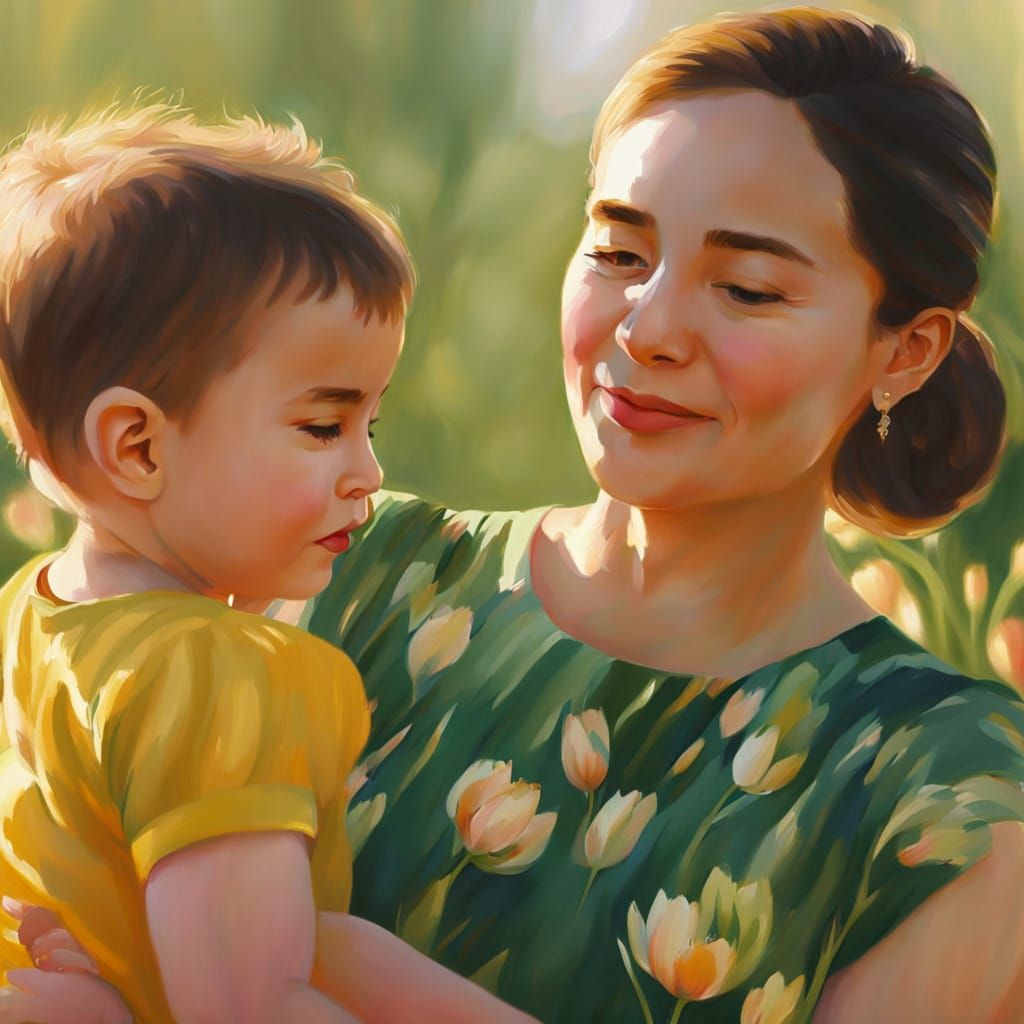 Mother and Child in Tulip Field, Impressionistic Portrait