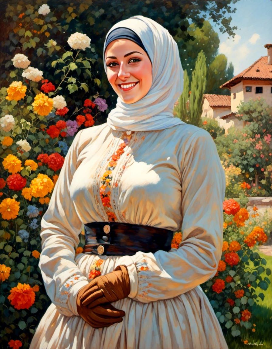 Elegant Woman in Garden, Oil Painting Style