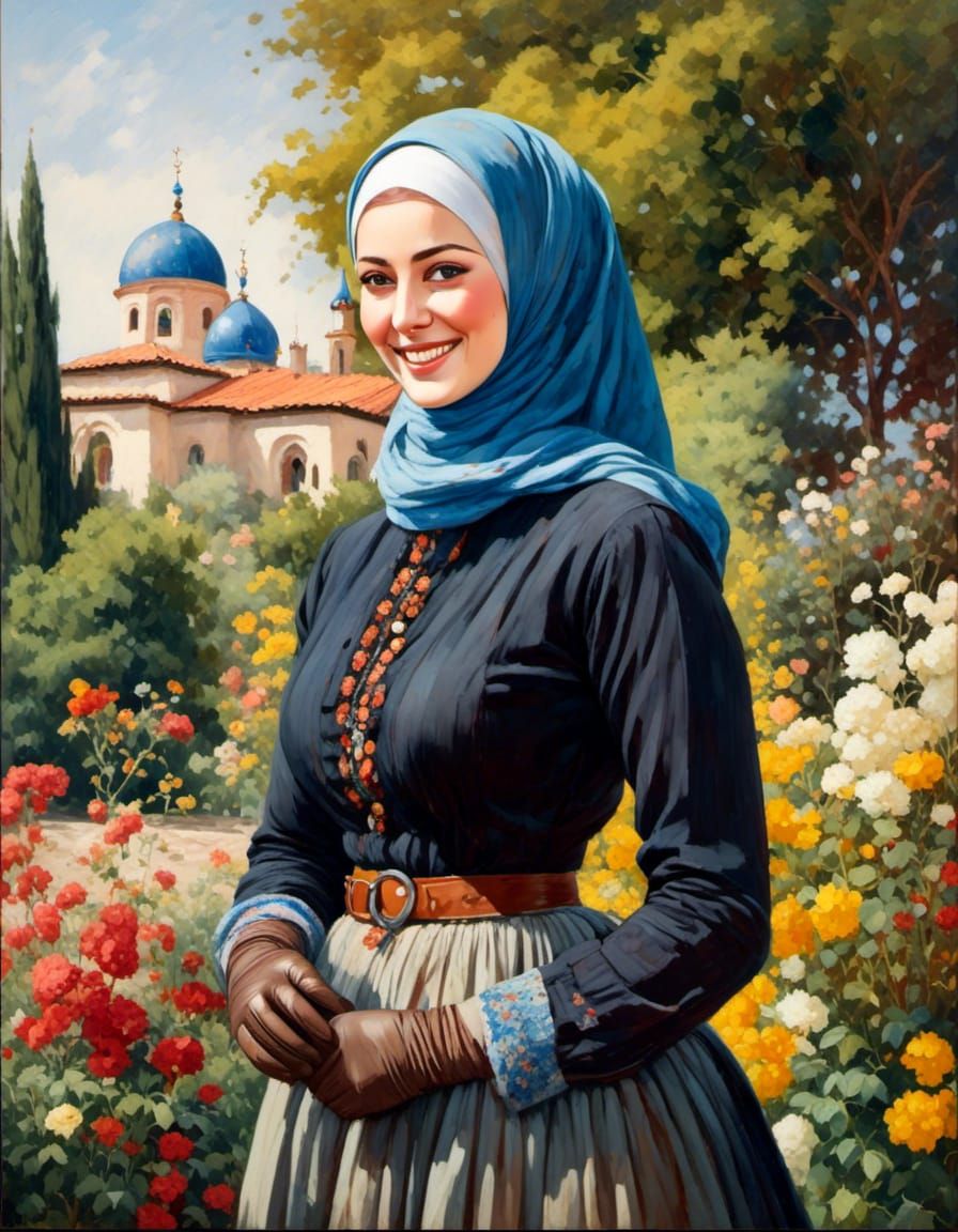 Elegant Woman in Garden, Oil and Gouache Painting