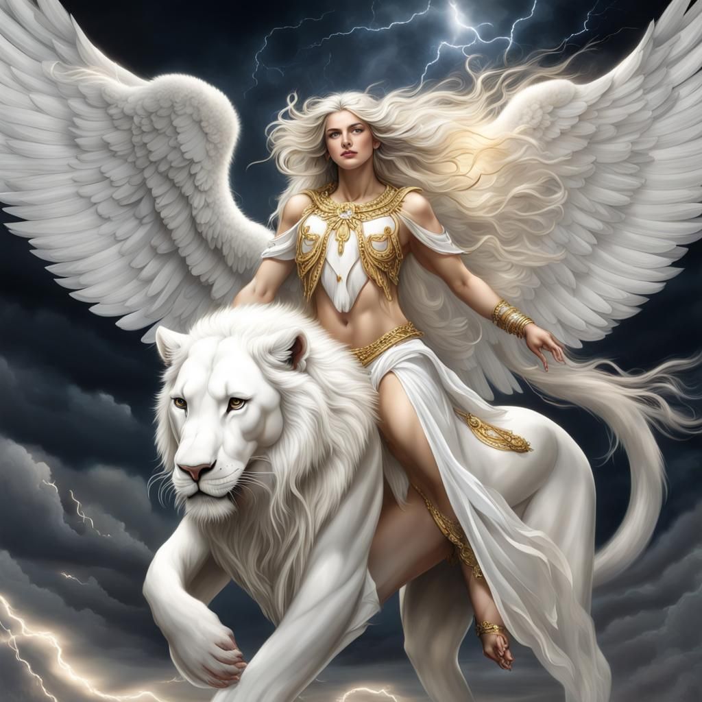 Angelic Rider: White Lion in Lightning Storm