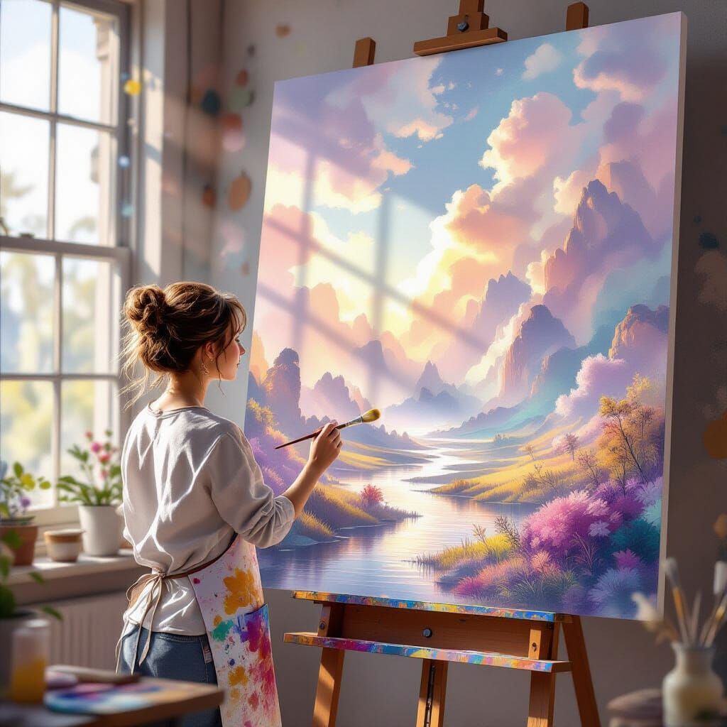 Female Painter Admires Vast Watercolor Masterpiece