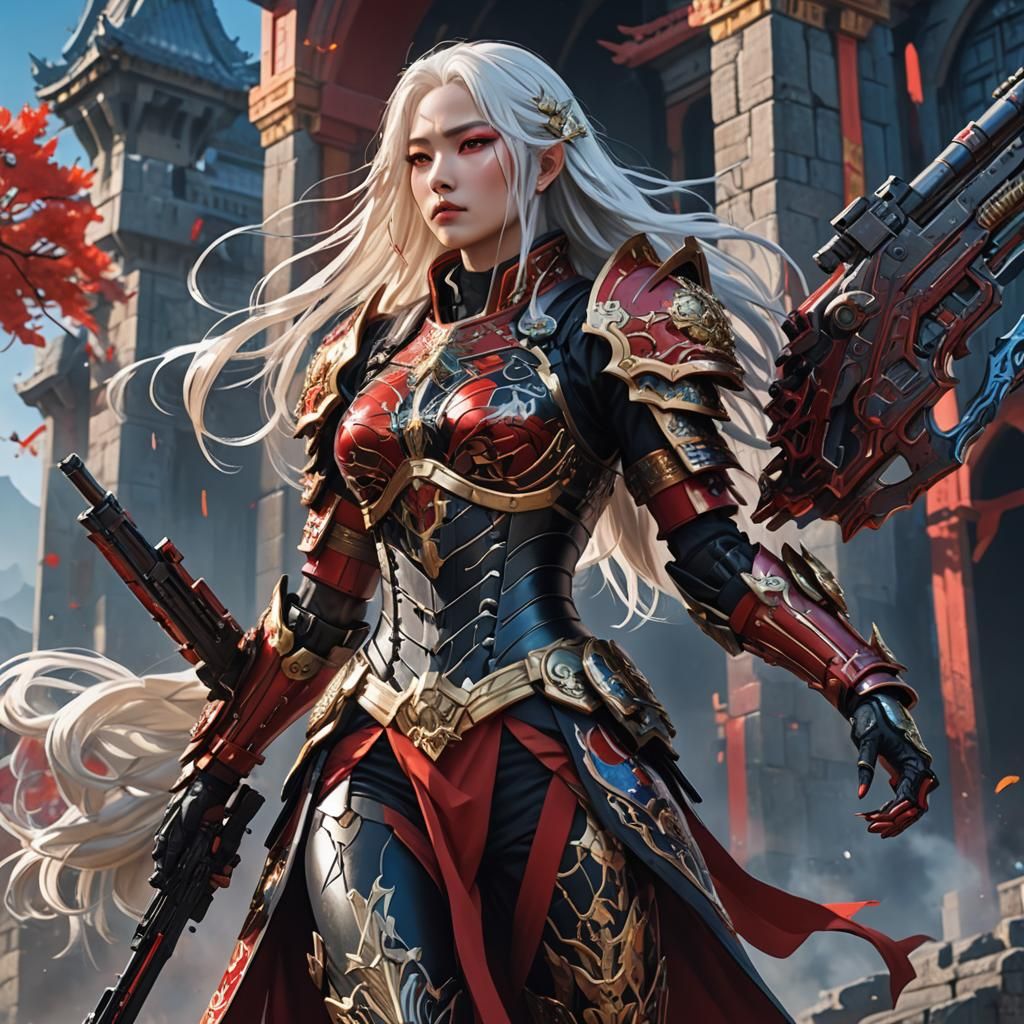Anime Japanese Warrior in Red and Black Armor