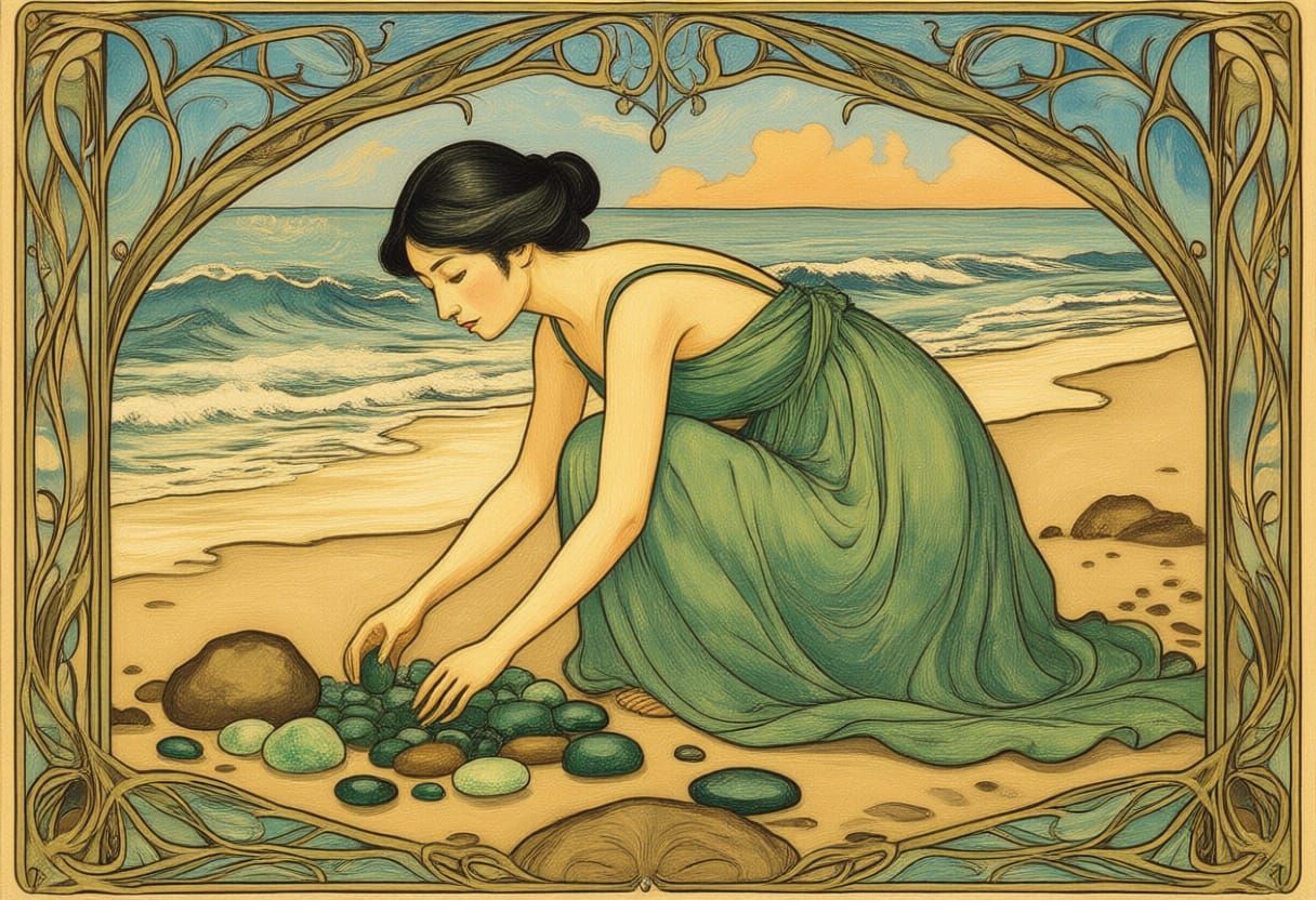 Woman Collecting Jade and Emeralds on a Beach