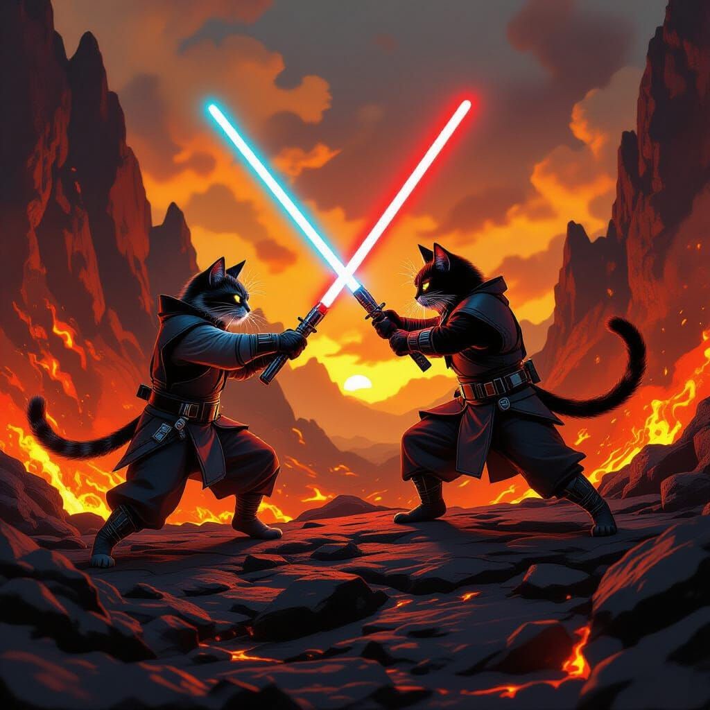 Cats Battle with Lightsabers Over Lava