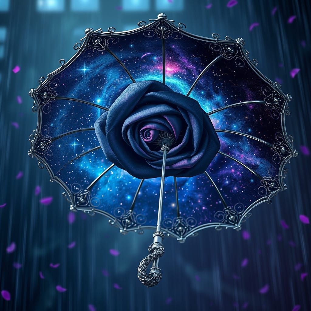 A magnificent ornate umbrella, whose delicate metal tendrils and shiny silver details resemble a fantastic dreamy rose. ...