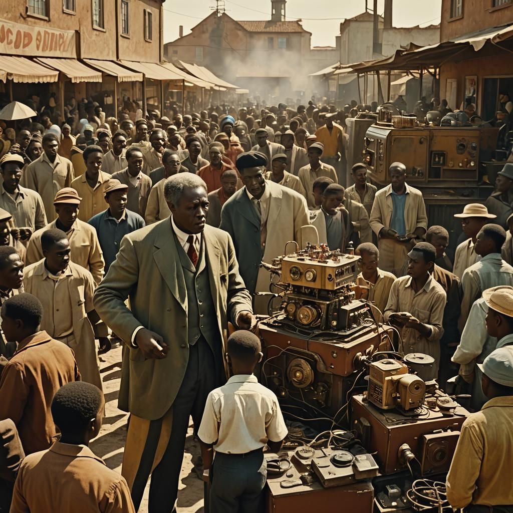 Surrealist Marketplace Scene with Retro-Futuristic Generator