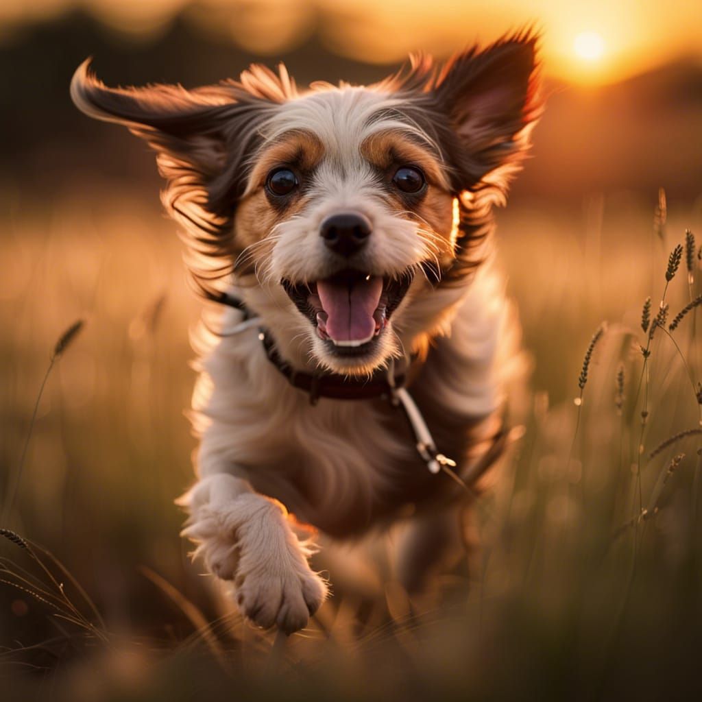 Puppy Runs Through Wheat Field at Sunset