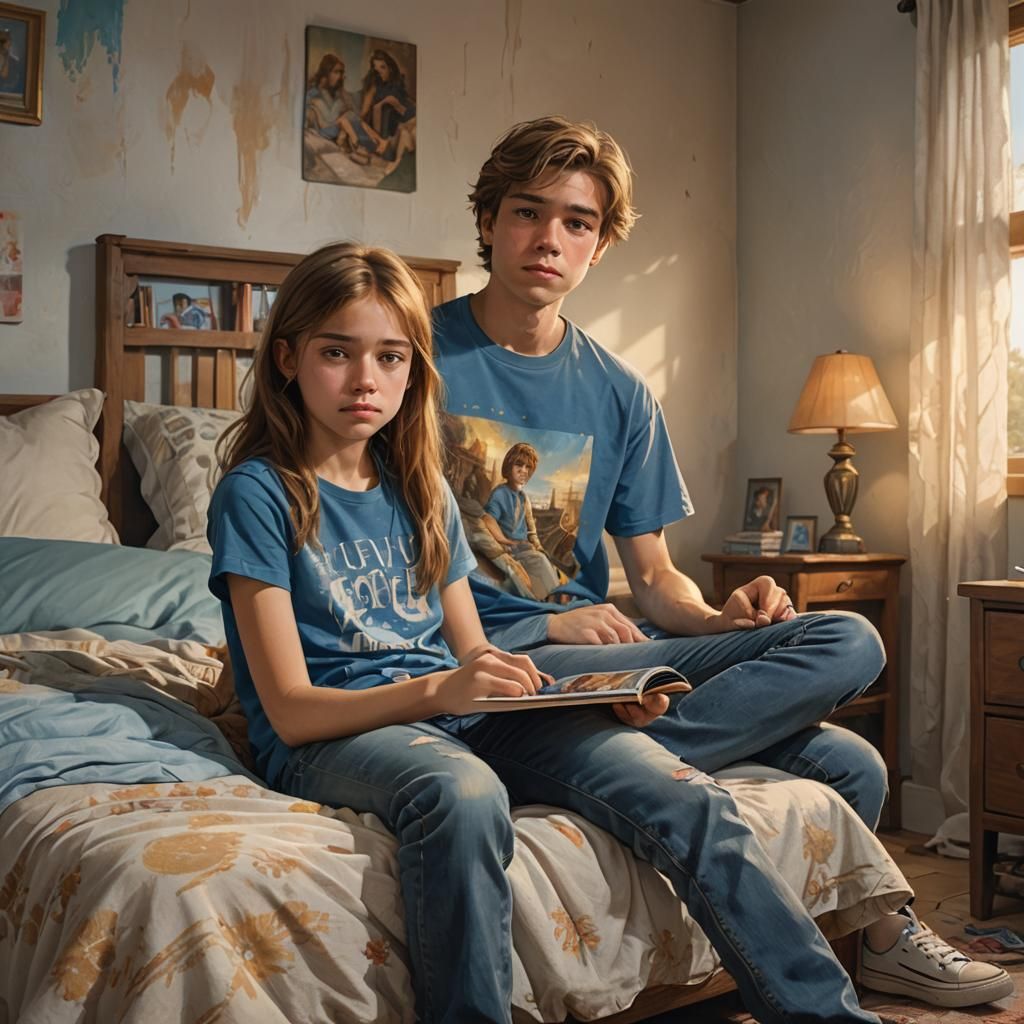 Boy and Sister in Room, Matte Painting Style