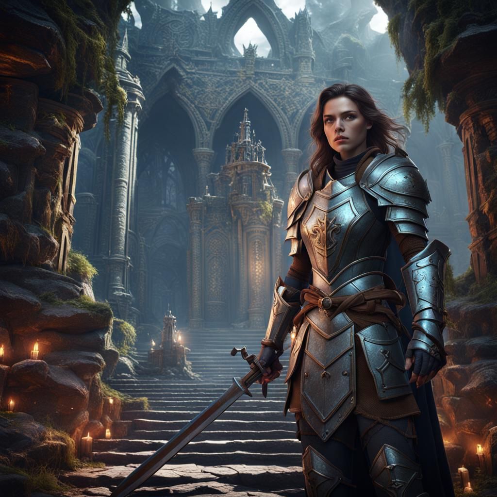 Female Knight at Fallen Temple: Detailed Matte Painting