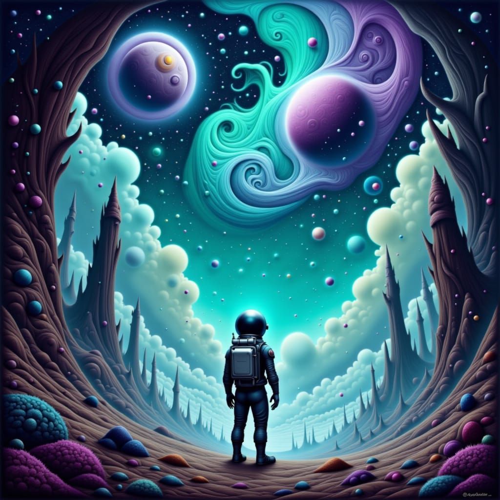 Astronaut Gazes at Alien Sky with Twin Moons