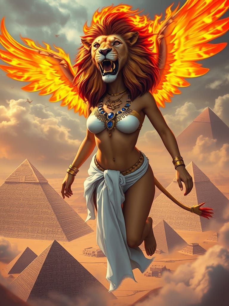Lion-Headed Goddess Above Egypt in Realistic Style