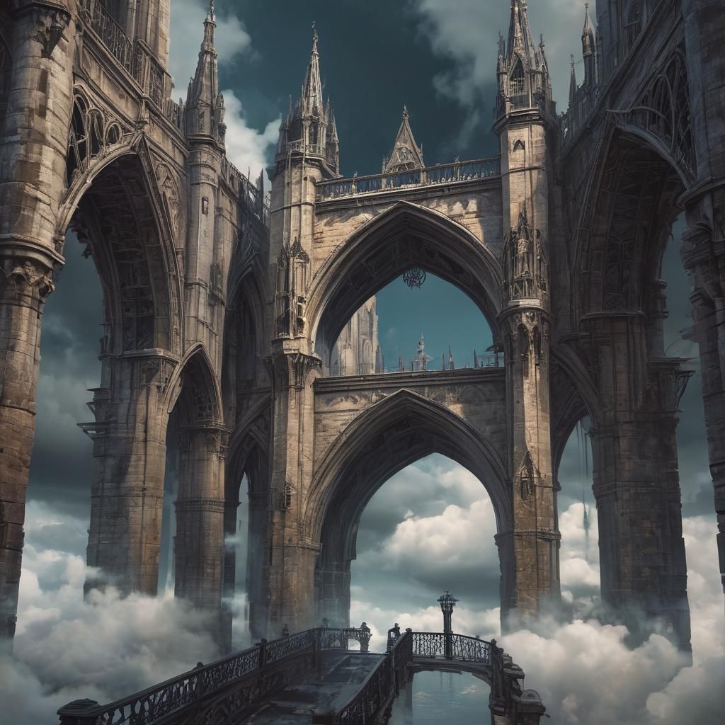 Gothic Towers Connected by Bridge in Cloudy Void